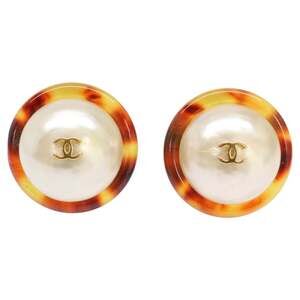 CHANEL Brown Pearl Logo Earrings